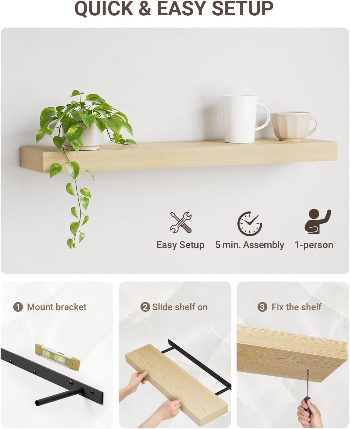 Wooden shelf with cups and a plant, featuring quick setup instructions.