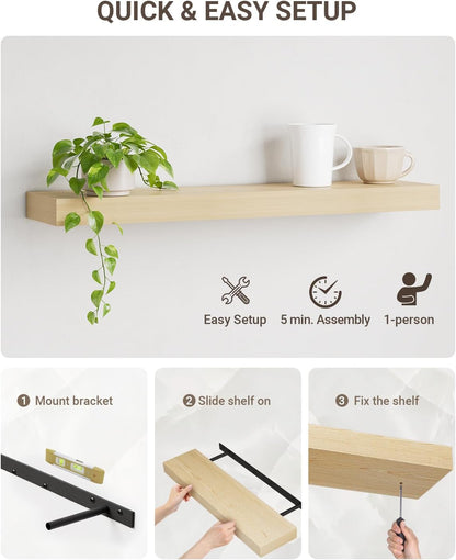 Wooden shelf with cups and a plant, featuring quick setup instructions.