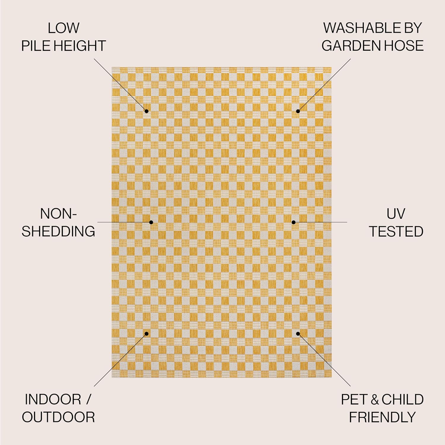 Yellow and white checkered rug with features highlighted on a beige background