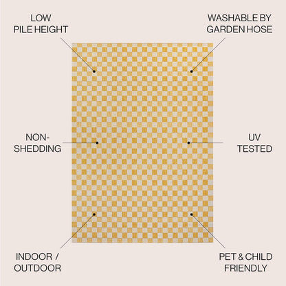 Yellow and white checkered rug with features highlighted on a beige background