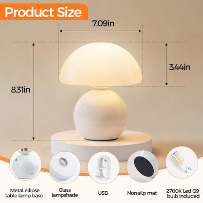 White table lamp with dimensions and components listed on a beige background