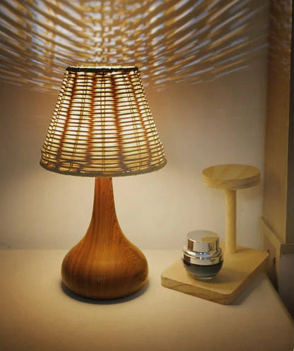 Wicker lamp on a table with a soft light