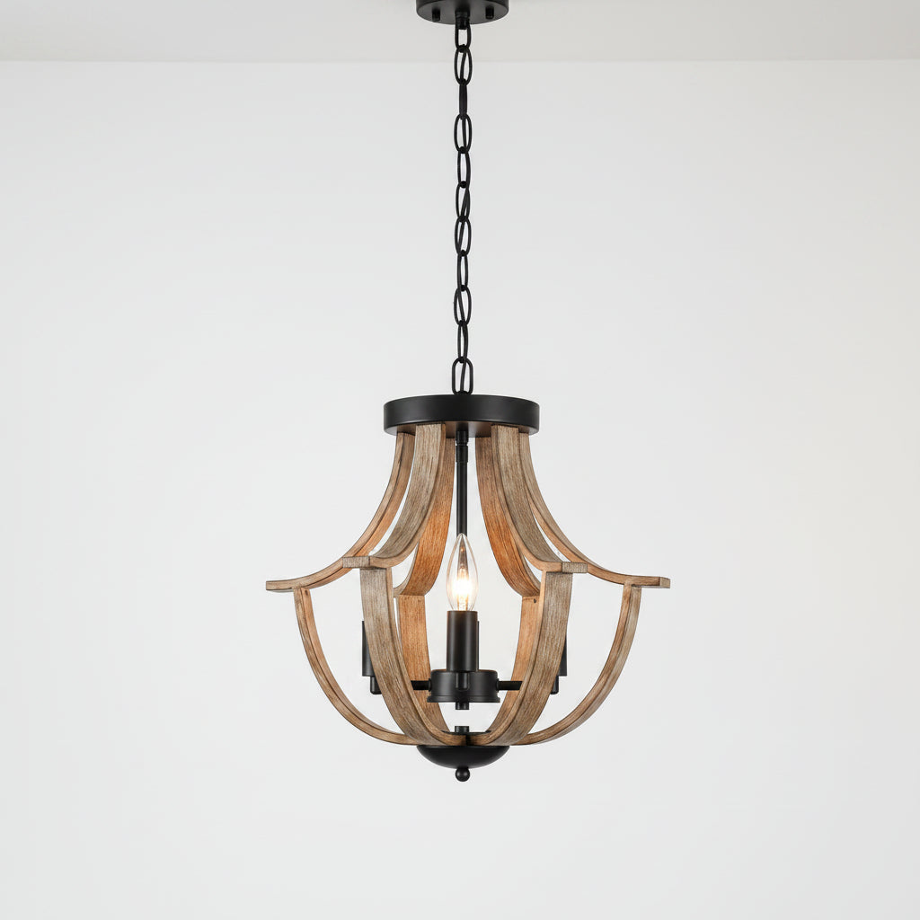 Wooden chandelier with black accents hanging against a neutral wall.