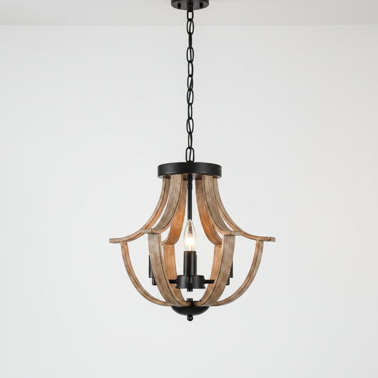 Wooden chandelier with black accents hanging against a neutral wall.