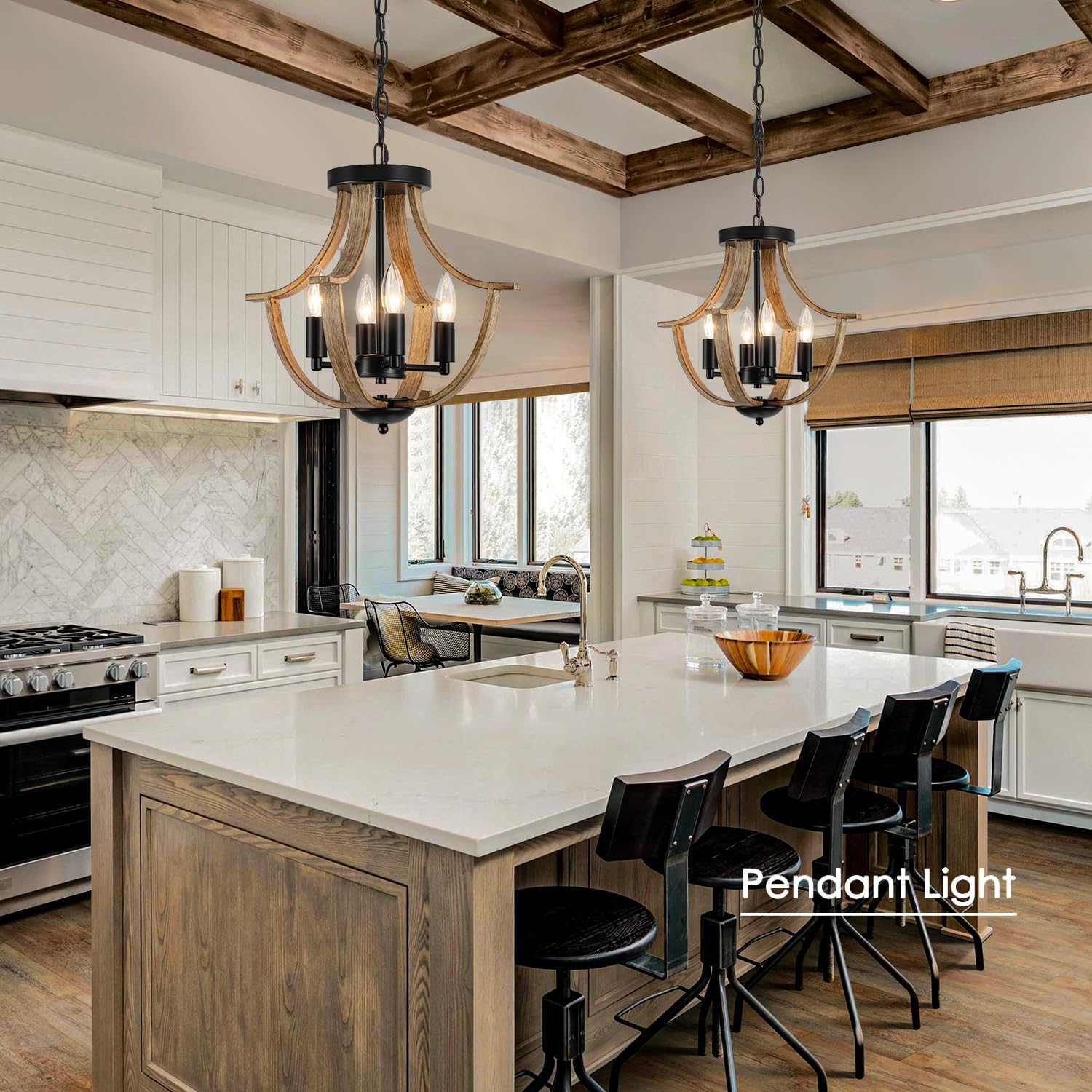 Modern kitchen with pendant lights, island, and bar stools.