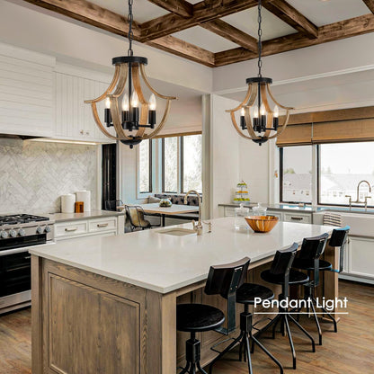 Modern kitchen with pendant lights, island, and bar stools.