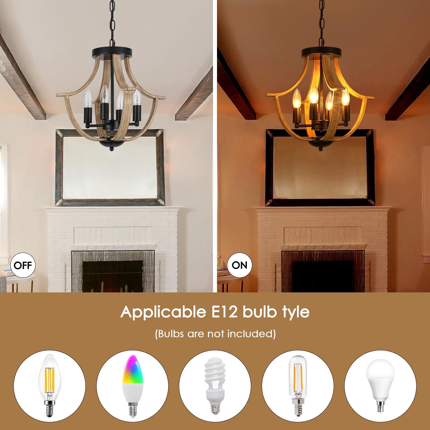 Chandelier before and after turning on, with applicable bulb types displayed.
