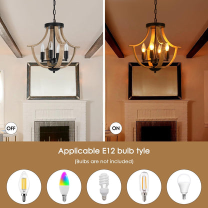 Chandelier before and after turning on, with applicable bulb types displayed.