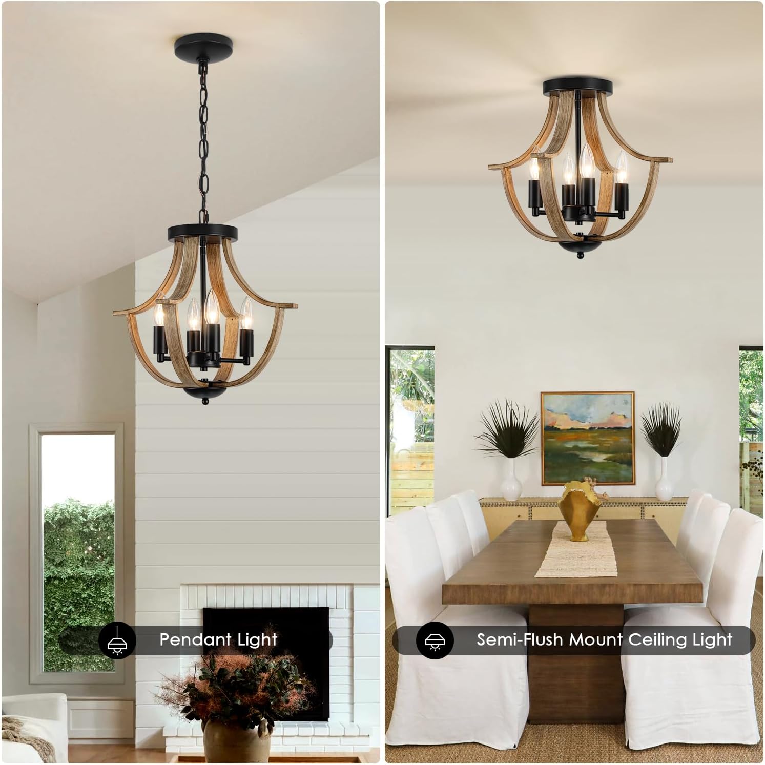 Two ceiling lights shown side by side with labels indicating 'Pendant Light' and 'Semi-Flush Mount Ceiling Light'.