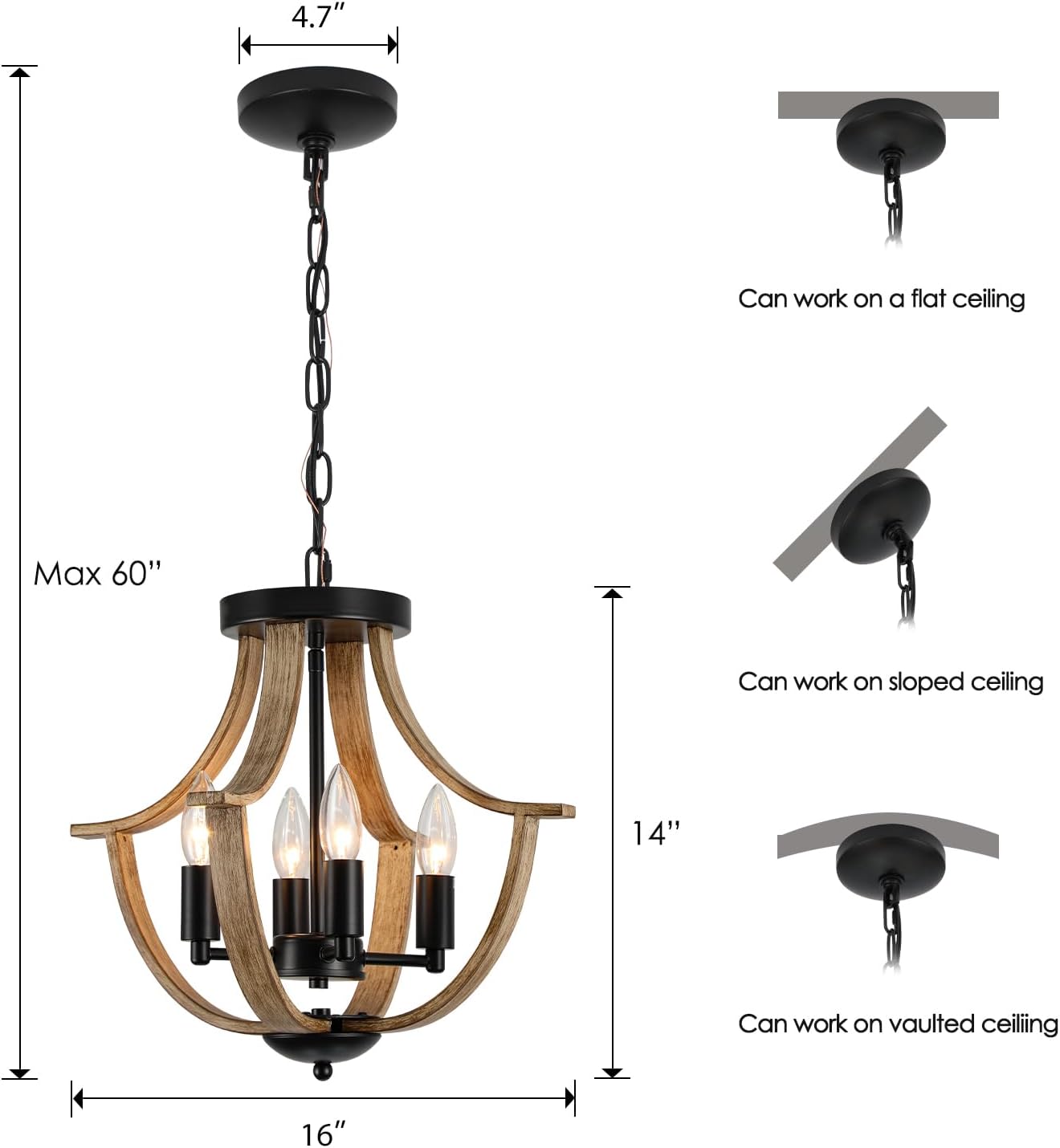 Chandelier with dimensions and installation instructions on a white background