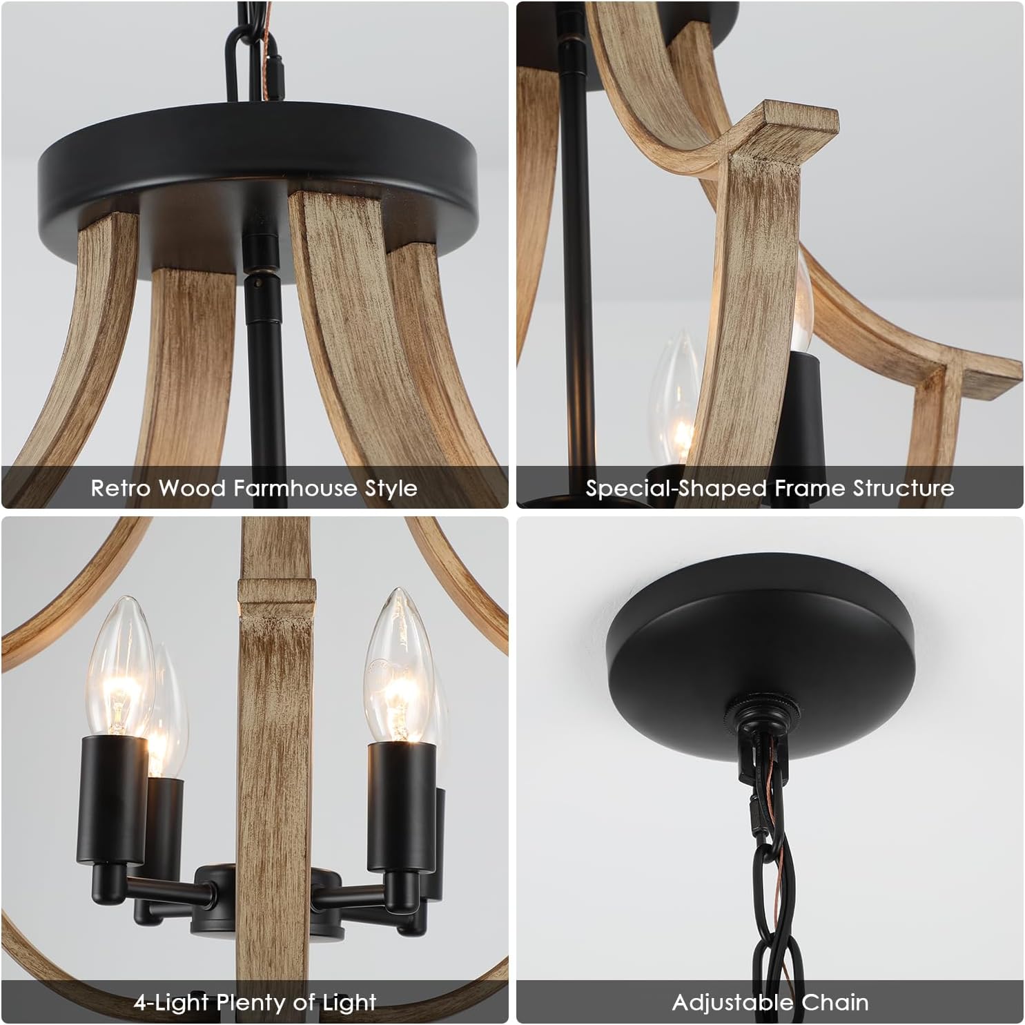 Collage of a retro wood farmhouse style chandelier with close-up details.