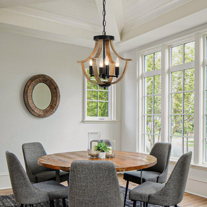 Dining room with wooden table and gray chairs near large windows.