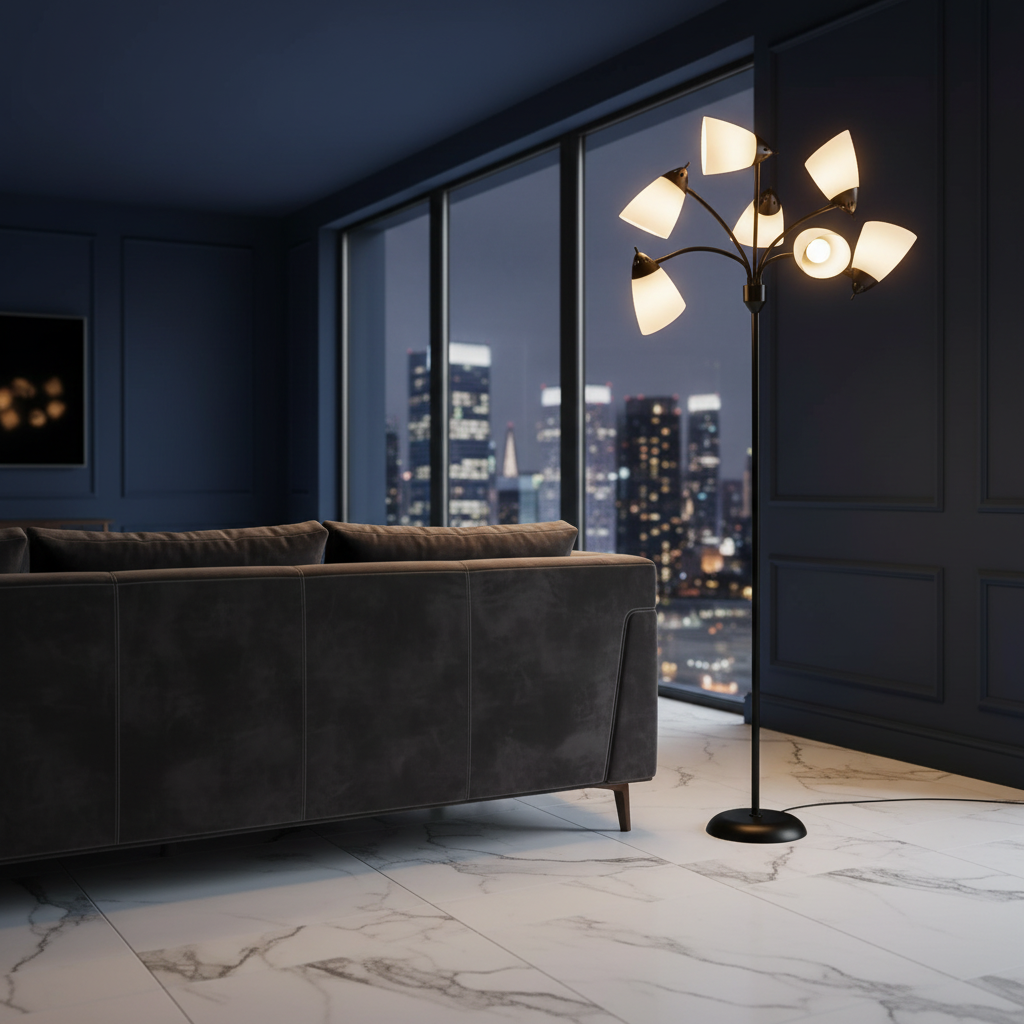 Modern living room with a gray sofa and a floor lamp, featuring a cityscape view through large windows.