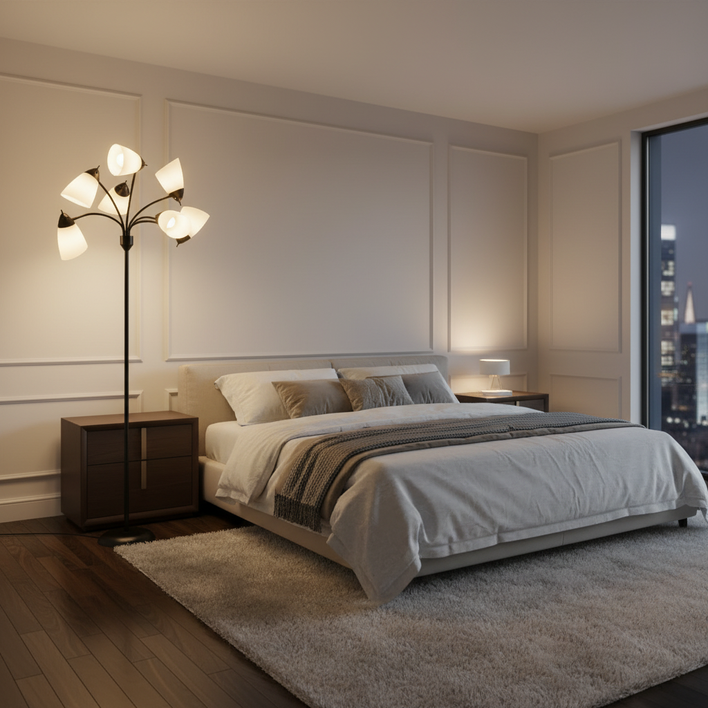 Modern bedroom with a bed, nightstands, and a floor lamp.