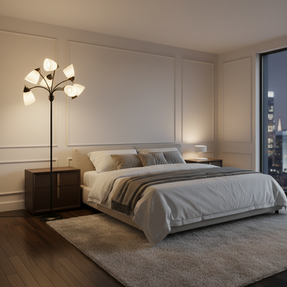 Modern bedroom with a bed, nightstands, and a floor lamp.