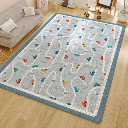 Road and car design plush rug made of polyester. Water and oil absorbent, soft, wear-resistant, non-slip. Perfect for kitchens, bedrooms, living rooms.