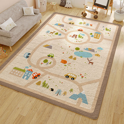 Soft polyester rug with train and bus design. Water and oil absorbent, wear-resistant, non-slip. Ideal for kitchens, bedrooms, living rooms.