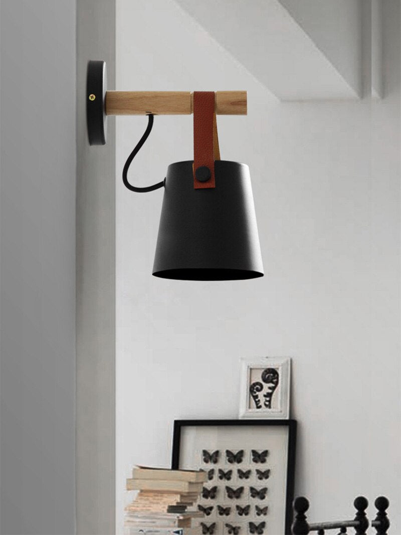 black and wooden base wall light fixture