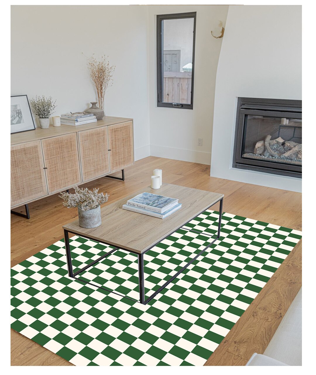 coffee table with checkered rug decor