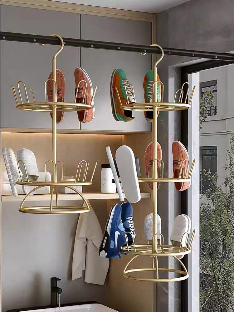 gold hanging shoe rack