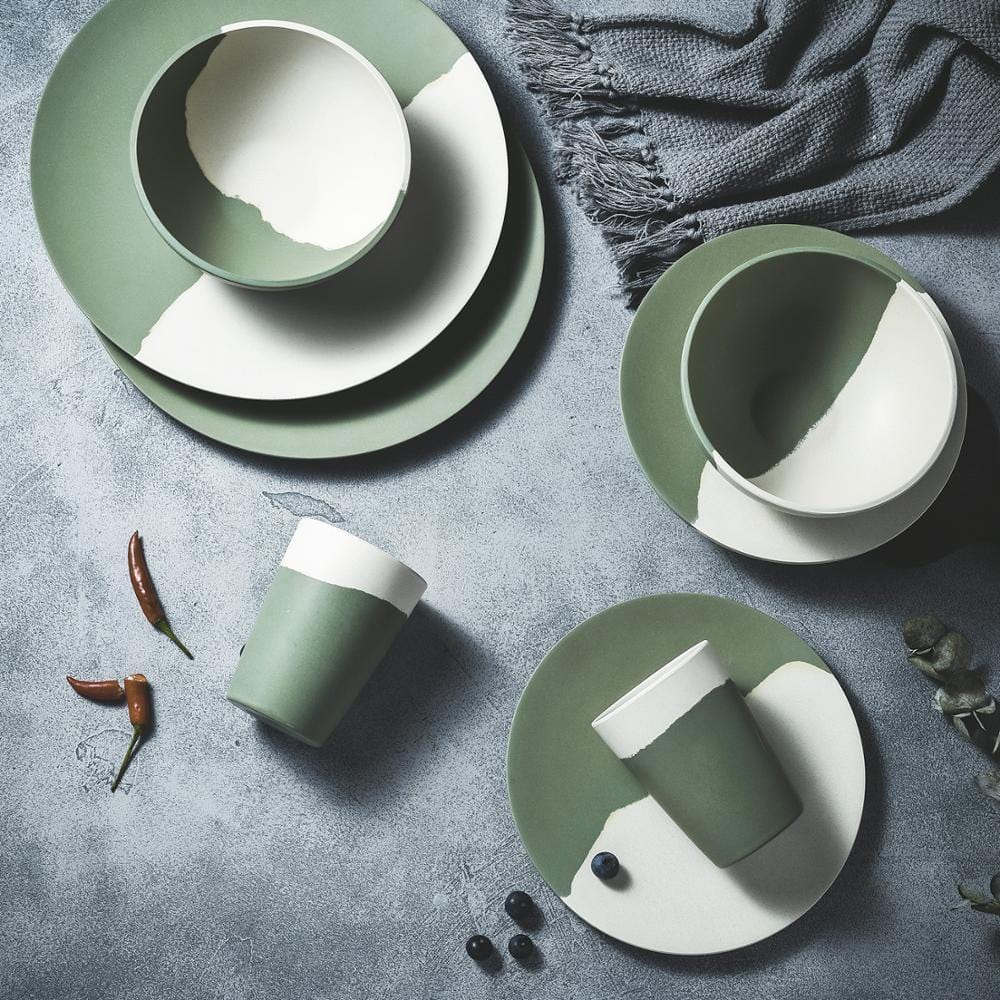 Green white Bamboo Fiber Dinnerware Set