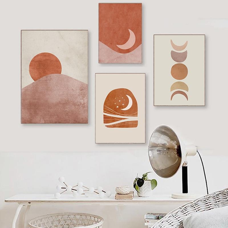 Minimalist Line Moon and Sun Canvas Wall Art 