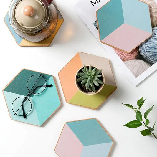 Geometric Hexagon Wood Cork Coaster Placemat